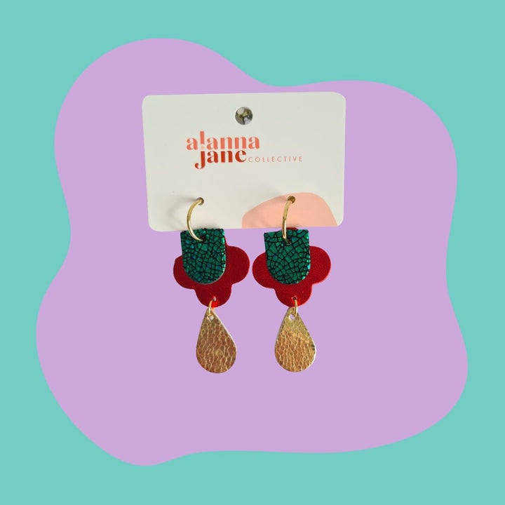 Red Green and Gold Dangle Earrings