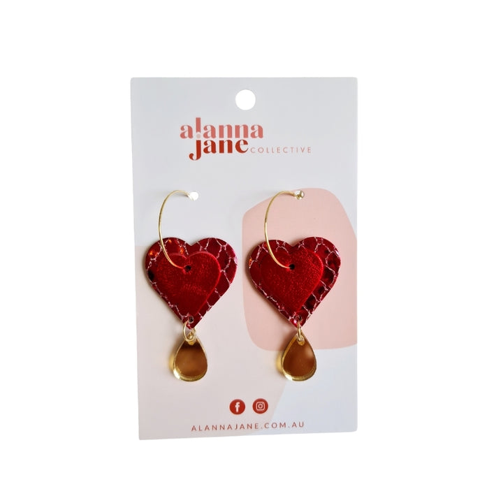 Red and Gold Layered Heart Earrings