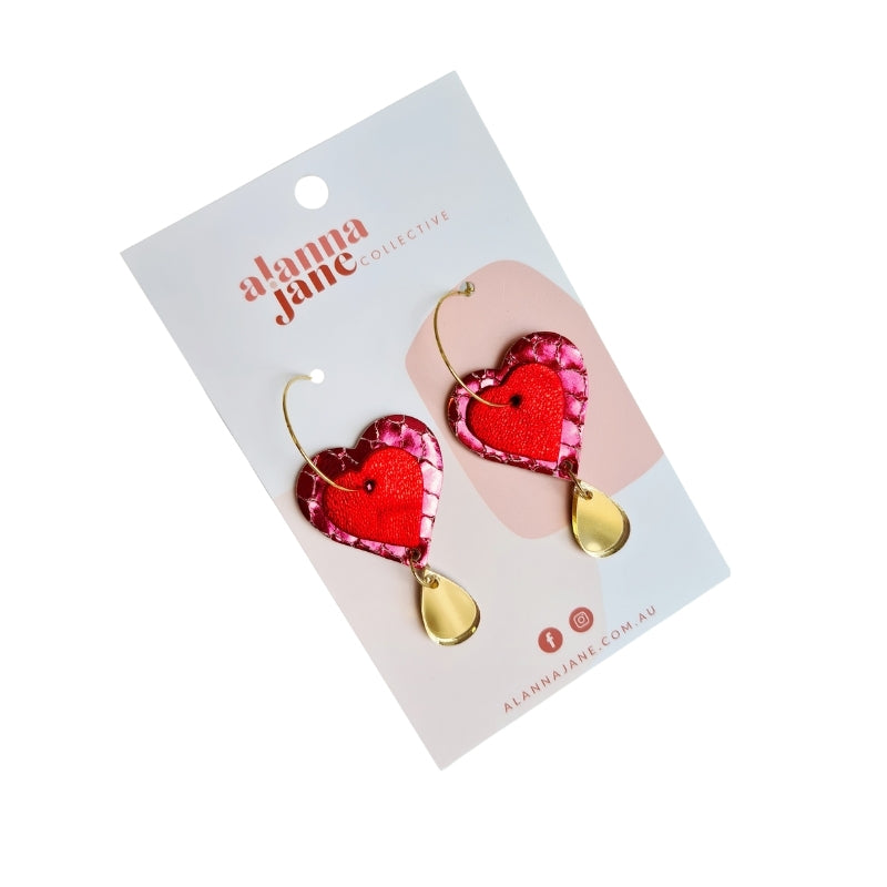 Red and Gold Layered Heart Earrings