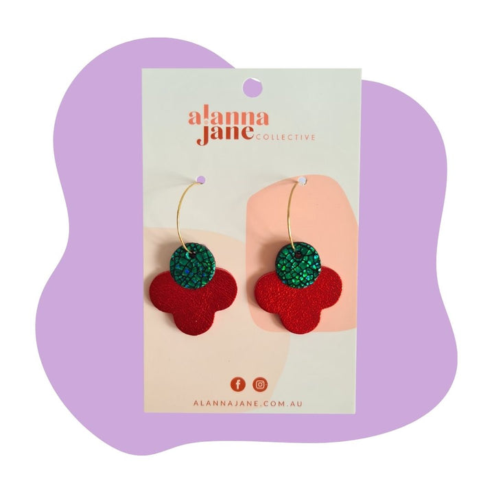 Red and Green Layered Leather Hoop Earrings