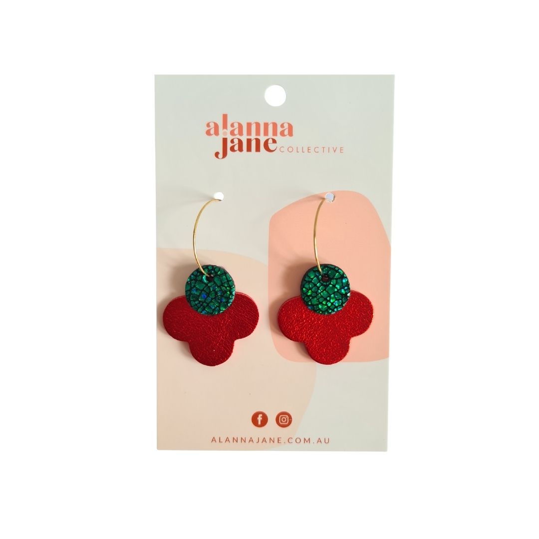 Red and Green Layered Leather Hoop Earrings