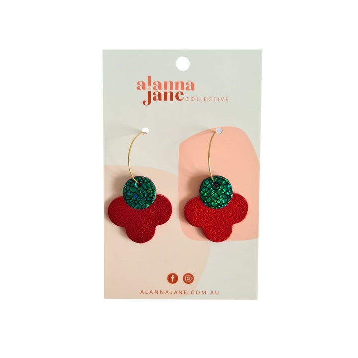 Red and Green Layered Leather Hoop Earrings