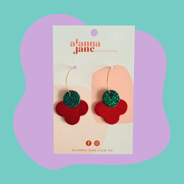 Red and Green Layered Leather Hoop Earrings