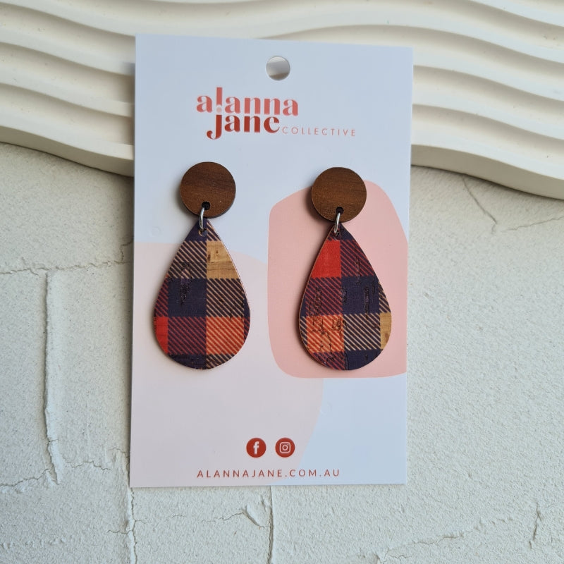 Red and Navy Check Midi Teardrop Cork Earrings