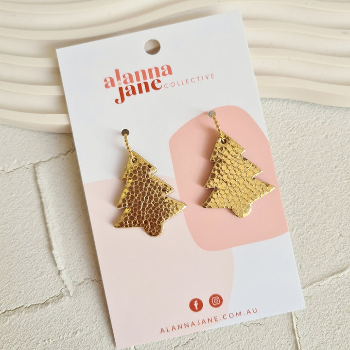 Midi Christmas Tree Leather Hoops in Metallic Gold