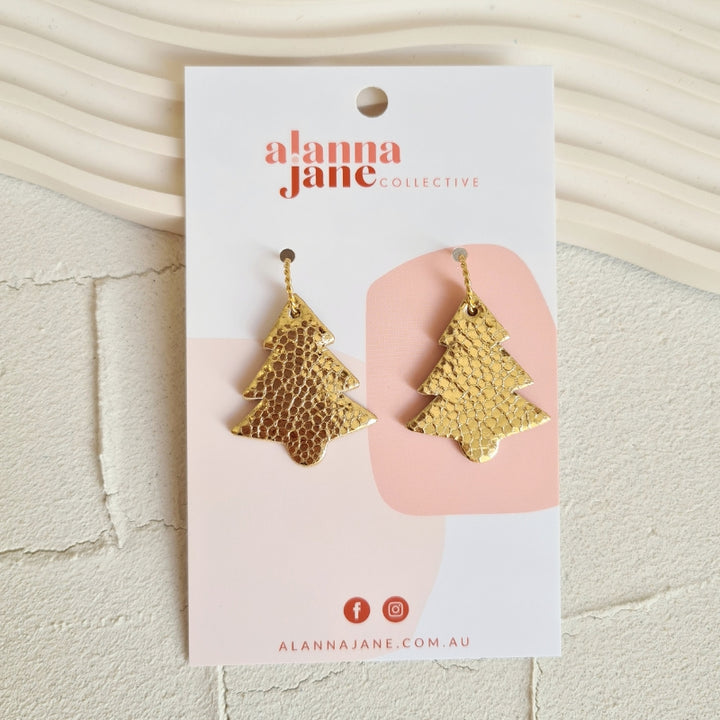 Midi Christmas Tree Leather Hoops in Metallic Gold