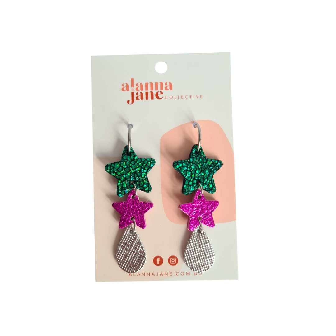 Green and Pink Star Dangle Earrings