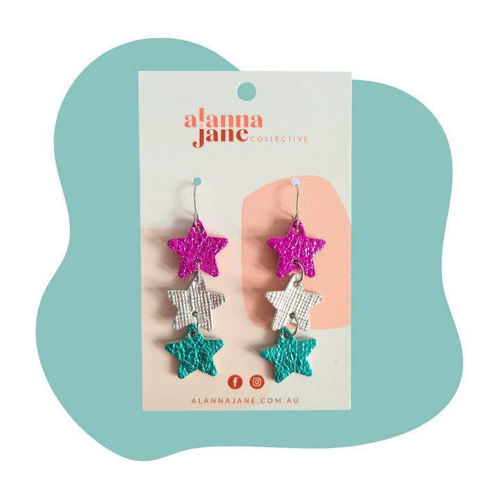 Triple Star Leather Dangle Earrings