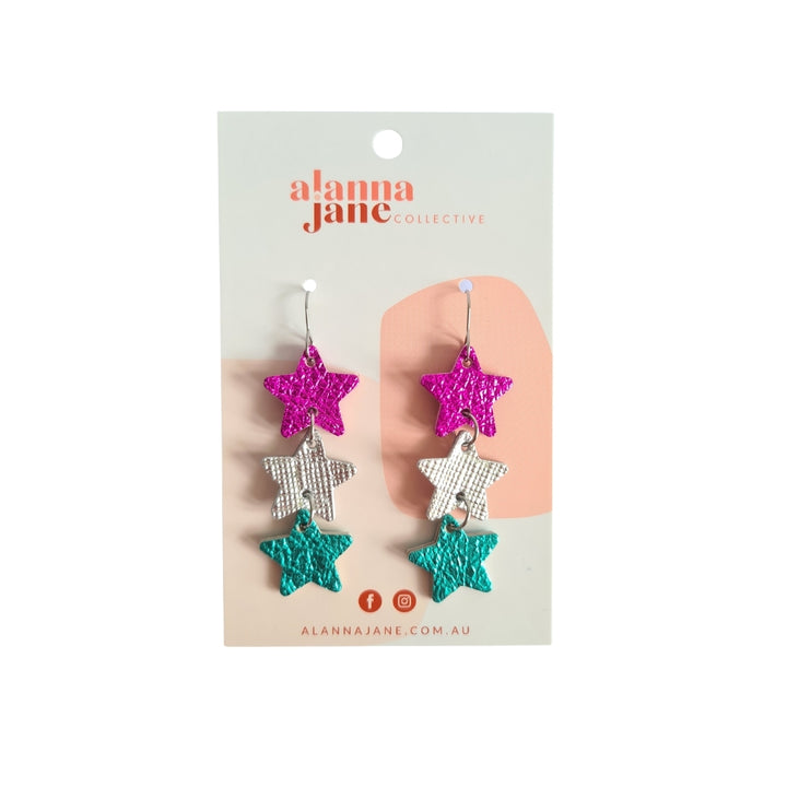 Triple Star Leather Dangle Earrings
