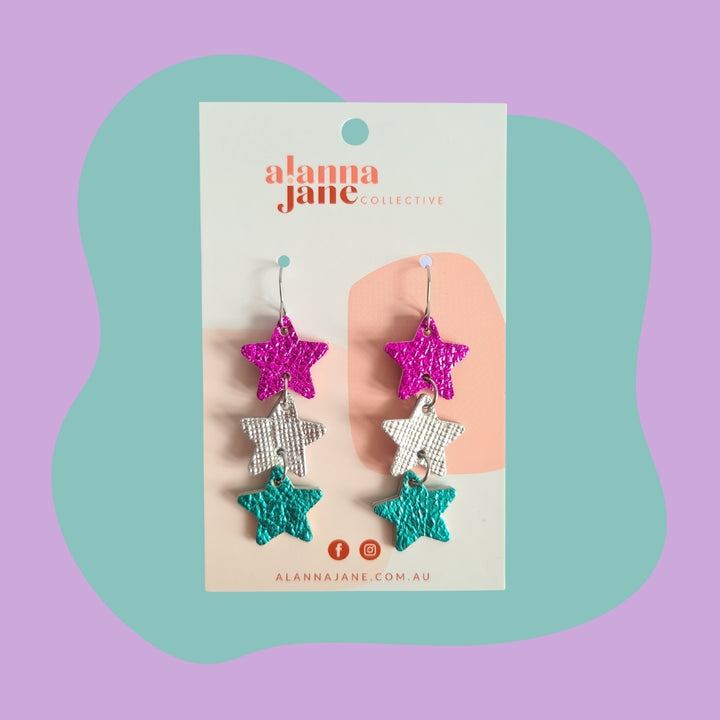 Triple Star Leather Dangle Earrings