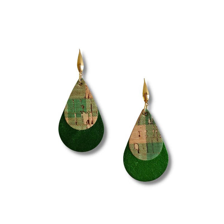 Check & Metallic Green Layered Leather Earrings