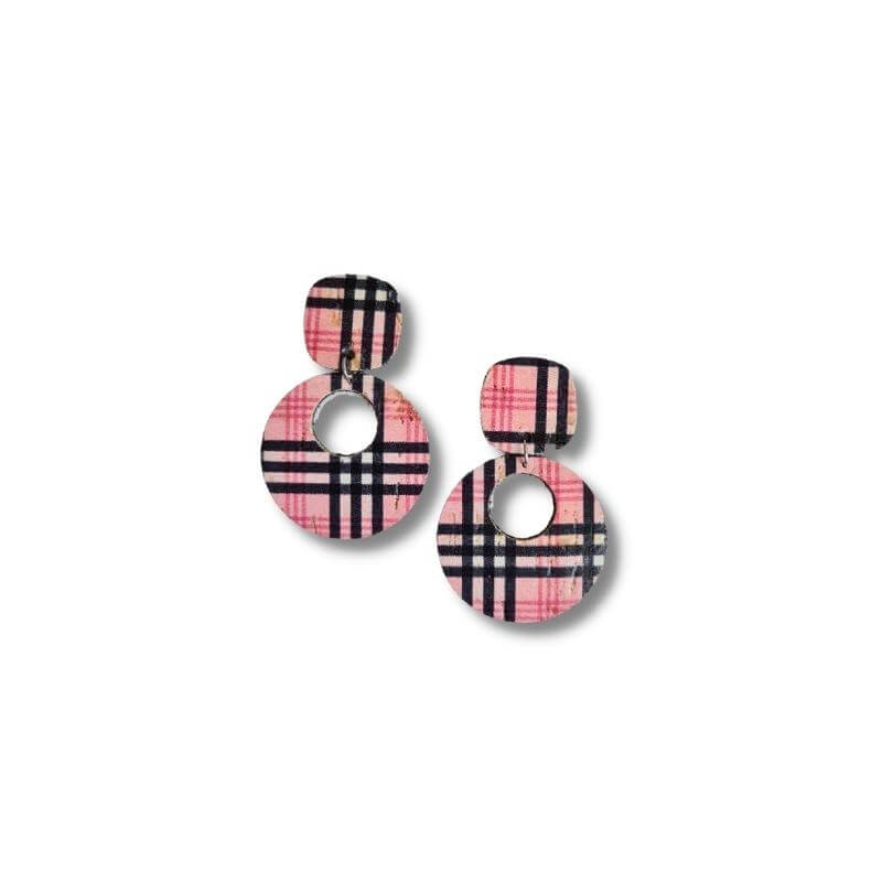 Cork Circle Earrings - Pink Check