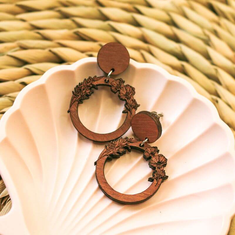 Floral Circle Timber Earrings