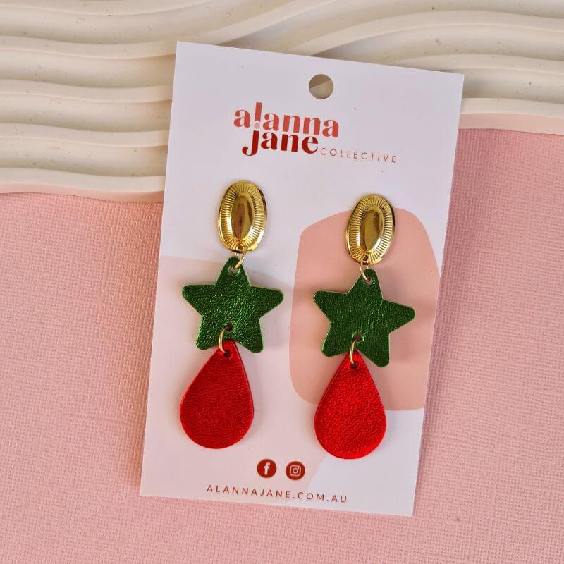 Green and Red Star Statement Leather Earrings