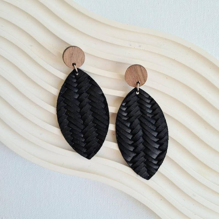 Leather Leaf Earrings - Black
