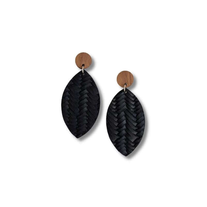 Leather Leaf Earrings - Black