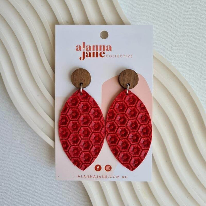 Leather Leaf Earrings - Red