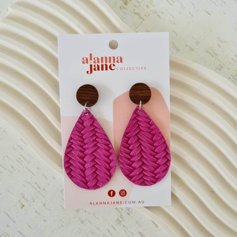 Leather Teardrop Earrings - Pink