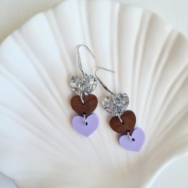 Triple Heart Hook Earrings - Purple & Silver