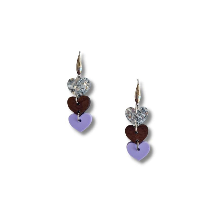 Triple Heart Hook Earrings - Purple & Silver