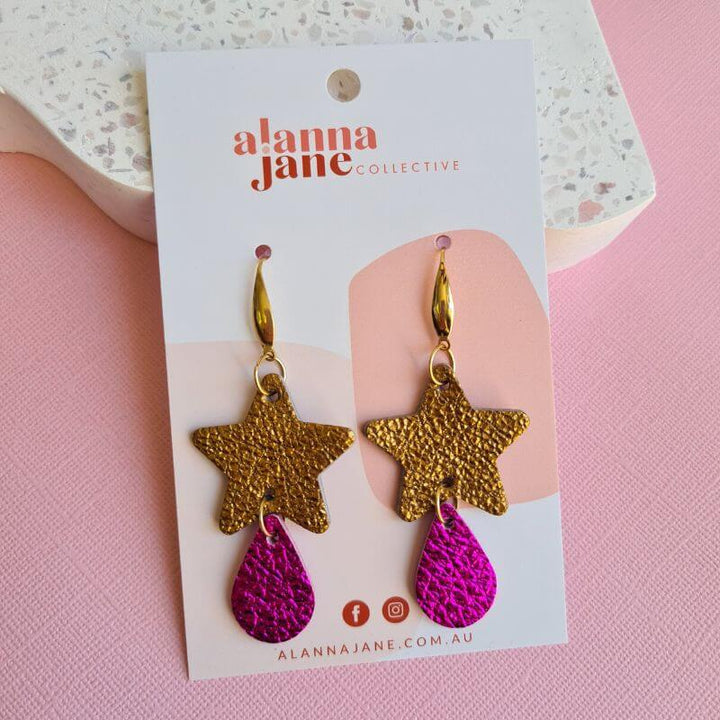 Gold Star Statement Leather Earrings