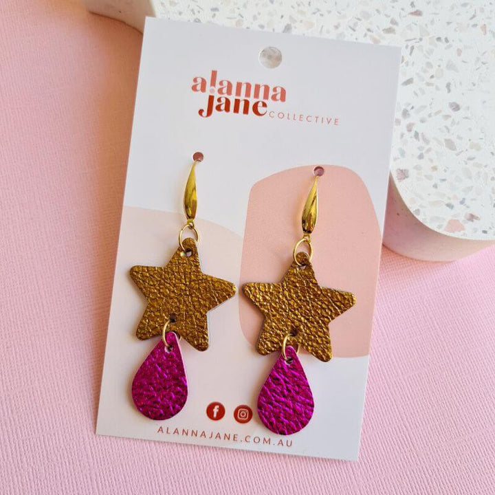 Gold Star Statement Leather Earrings