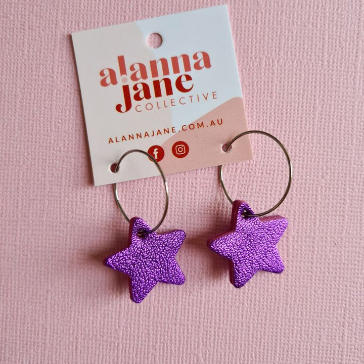 Purple Leather Mini Star Hoop Earrings