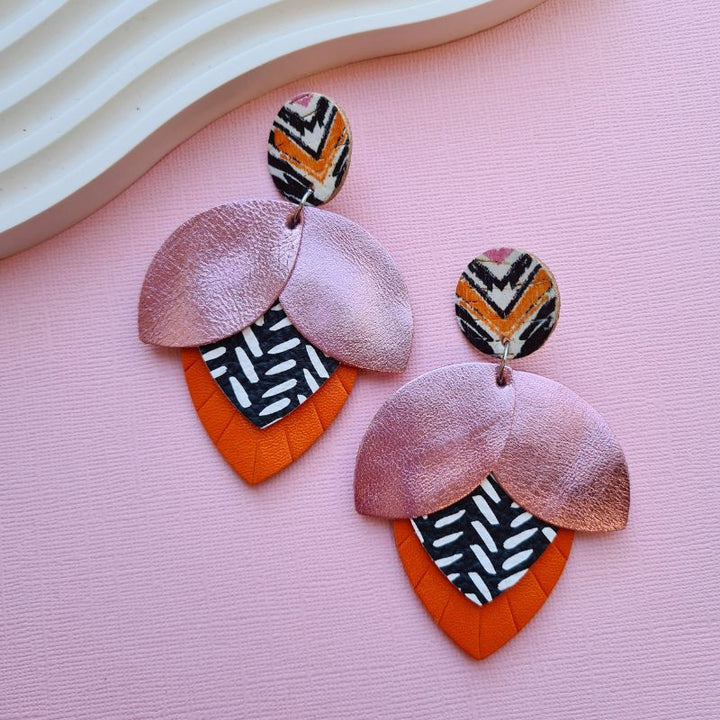 Ophelia Statement Leather Earrings - Patterned Pink & Orange