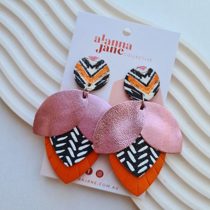 Ophelia Statement Leather Earrings - Patterned Pink & Orange