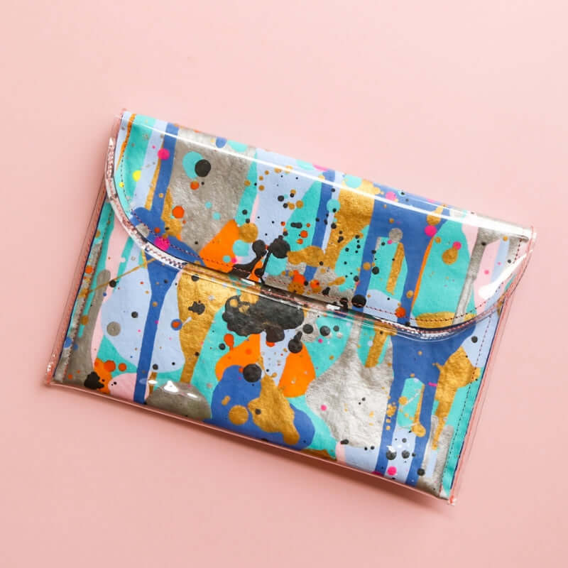 Blue and Gold Hand Painted Clutch - Medium