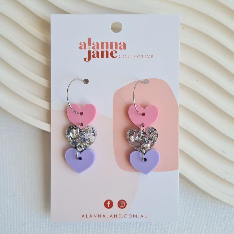 Triple Heart Hoop Earrings - Pink & Lilac