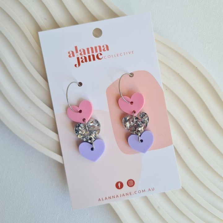 Triple Heart Hoop Earrings - Pink & Lilac