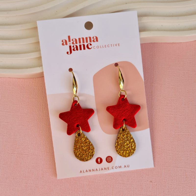Red Star Statement Leather Earrings