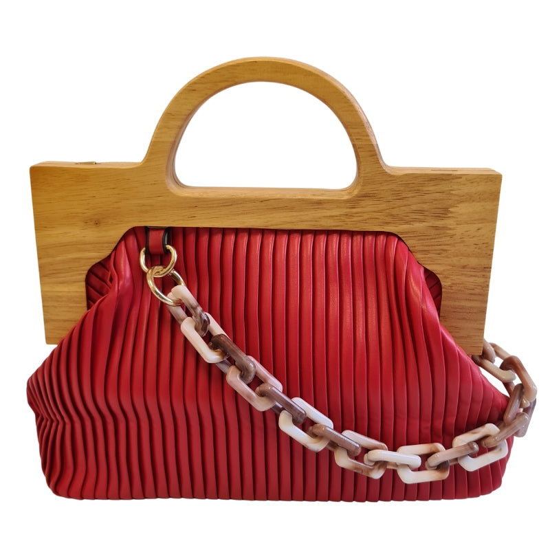 Pleated Timber Handle Clutch - Red