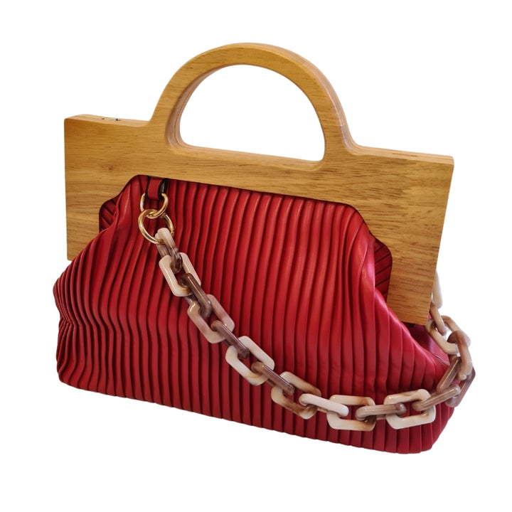 Pleated Timber Handle Clutch - Red
